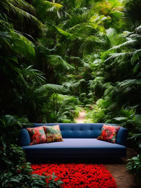 Luxussofa im tropischen Wald Tageslicht Kinematische generative KI-Illustration