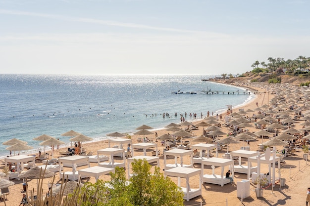 Luxusstrand vor dem Hintergrund der Schönheit des Meeres mit Korallenriffen Schöner Strand mit Liegestühlen, Strohschirmen und Palmen