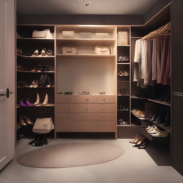 Luxustaschen und Schuhe im Kleiderschrank der Frau