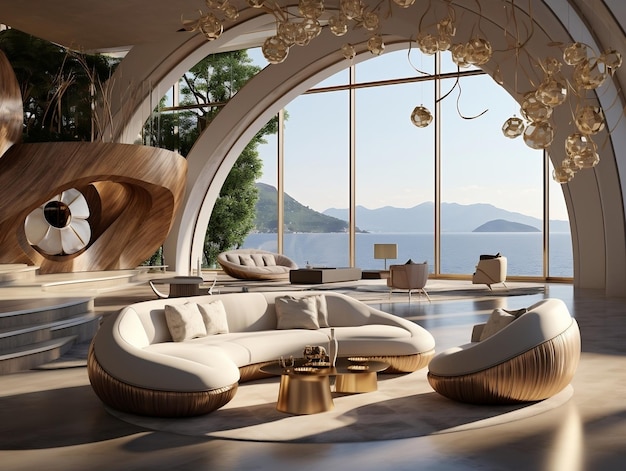 Luxusvilla am Meer, Innenarchitektur des modernen Wohnzimmers mit goldenen Skulpturen