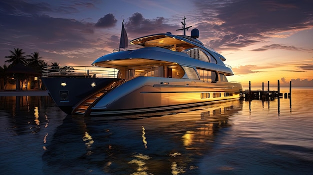 Luxusyacht-Abend-Neon-Sonnenuntergang-Hintergrundbeleuchtung AI-Generierung