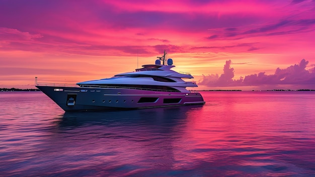 Luxusyacht-Abend-Neon-Sonnenuntergang-Hintergrundbeleuchtung AI-Generierung