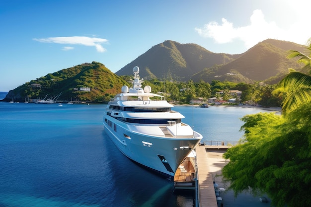 Luxusyacht liegt am Luxusresort mit Blick auf die umliegende tropische Landschaft