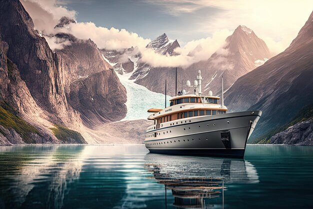 Luxusyacht vor Anker in einer ruhigen Bucht mit Blick auf majestätische Berge