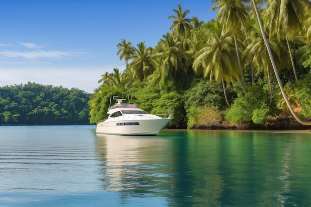 Luxusyacht vor Anker in einer ruhigen und ruhigen Lagune, umgeben von üppiger tropischer Vegetation