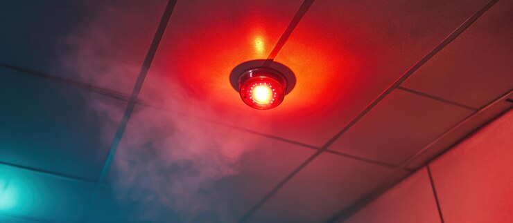 Luz de alarma roja en el techo humeante