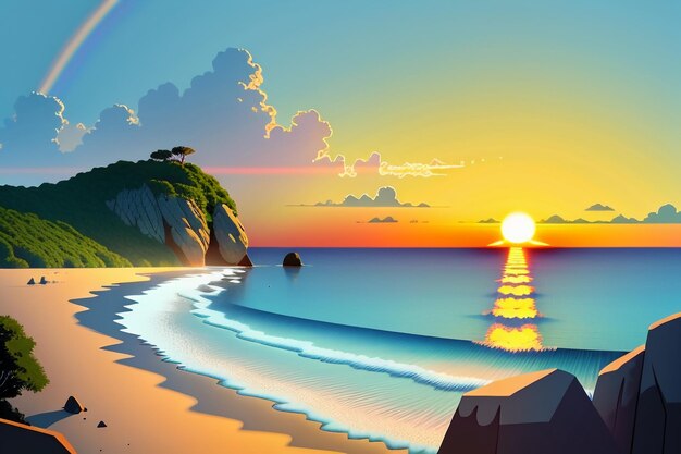 La luz del amanecer y la puesta de sol en la playa del océano isla hermoso paisaje natural fondo de papel tapiz