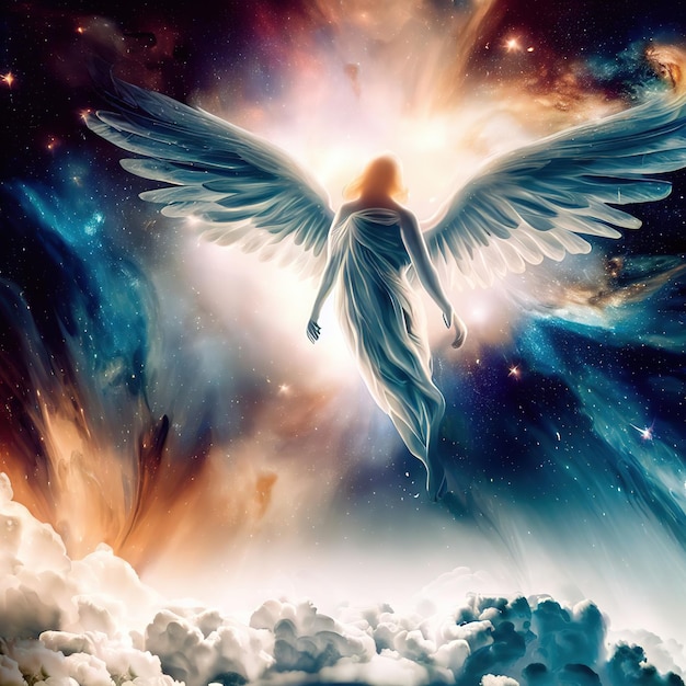 La luz del ángel de la guarda te vigila. Un par de alas de ángel doradas con una luz brillante entre ellas.