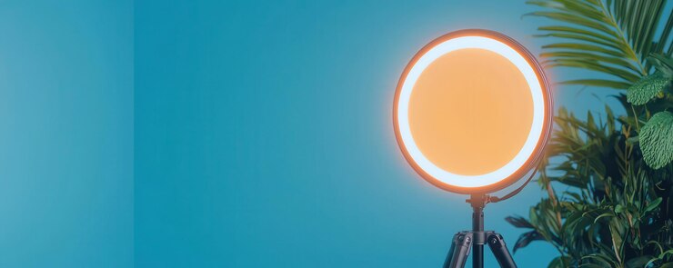 La luz del anillo brillante ilumina una pared azul vibrante rodeada de exuberante vegetación creando una atmósfera moderna y acogedora