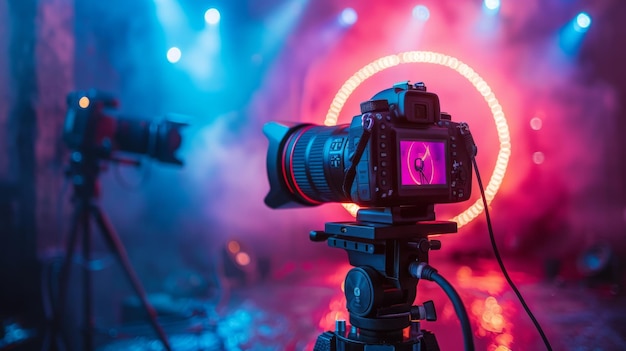 Una luz de anillo con lámpara de neón LED se encuentra prominentemente en un trípode flanqueado por una cámara DSLR en otro trípode en un estudio bañado en iluminación azul y roja de mal humor