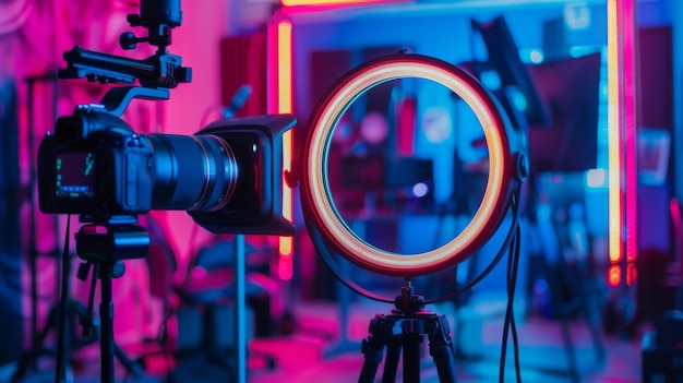 Una luz de anillo con lámpara de neón LED se encuentra prominentemente en un trípode flanqueado por una cámara DSLR en otro trípode en un estudio bañado en iluminación azul y roja de mal humor