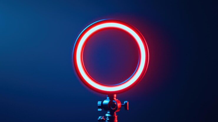 Luz de anillo LED brillante montada en un trípode que crea una atmósfera vibrante diseño circular emite un llamativo resplandor rojo y azul perfecto para fotografías o configuraciones de video