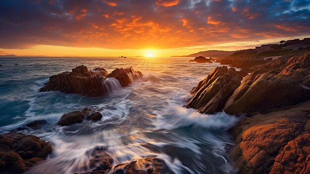 La luz del atardecer en la orilla rocosa