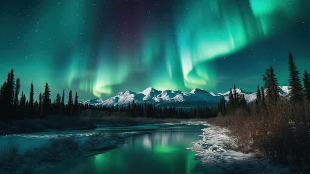 Luz de la aurora norte con el reflejo del agua y la montaña nevada