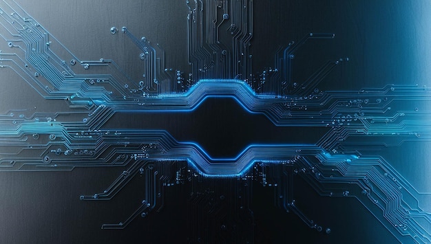 Luz azul de circuito eléctrico brillante en la pared negra papel de pared de ingeniería de fondo azul eléctrico