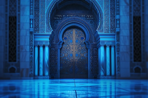 Luz azul mística em portas arquitetônicas ornamentadas