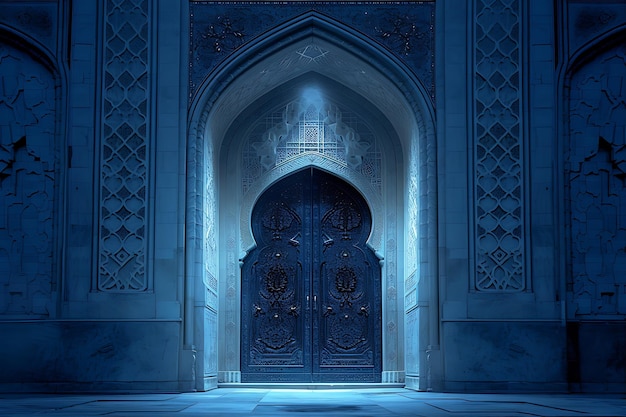 La luz azul mística en las puertas arquitectónicas ornamentadas