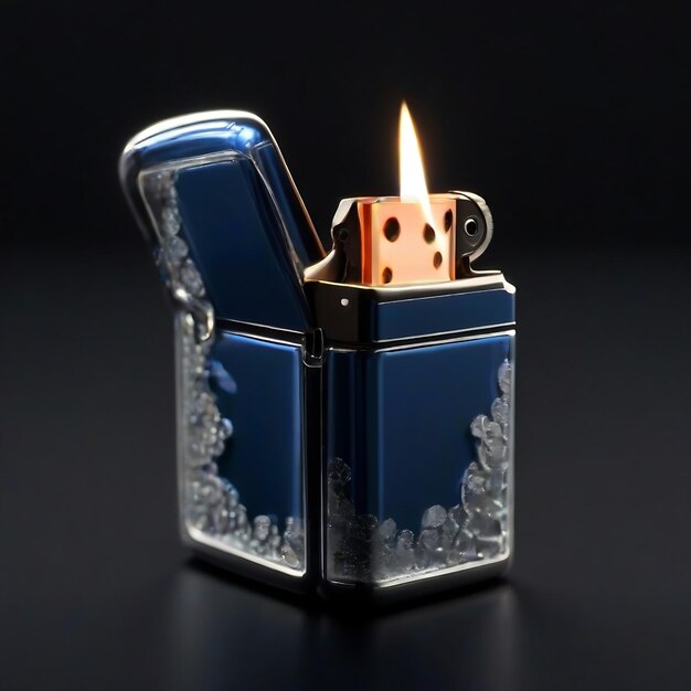 una luz azul que brilla en una caja de vidrio con un fondo negro concepto de arte zippo encendedor