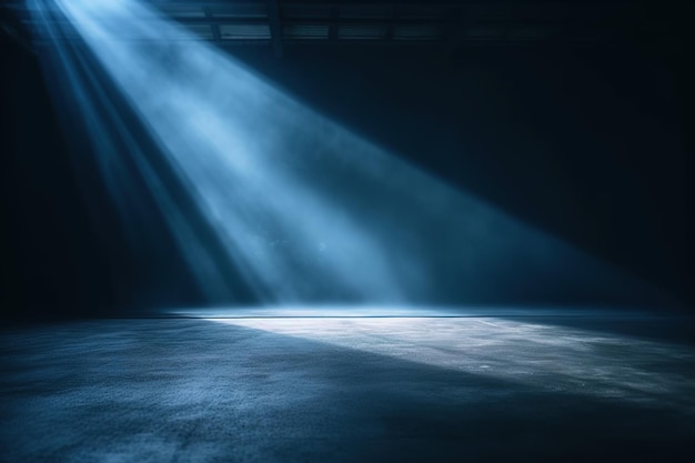 Luz azul del techo de una habitación oscura con un haz de luz saliendo de ella