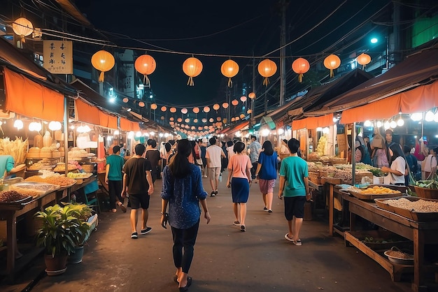 luz borrada mercado noturno caminhando na rua na Tailândia