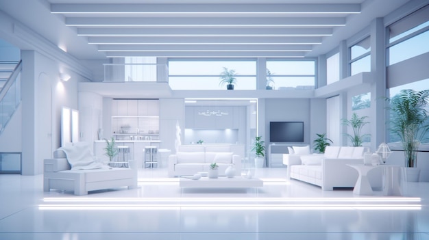 Luz branca, moderna casa de fazenda, sala de estar e jantar, design de interiores, arte gerada por IA