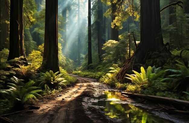 La luz brilla a través de las sequoias a través de un bosque