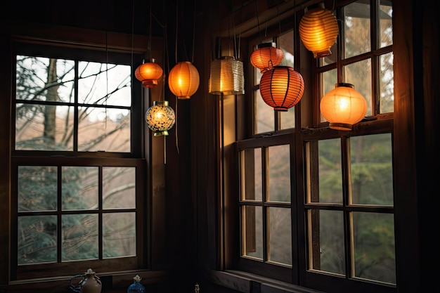 Una luz cálida y acogedora que brilla a través de una ventana con linternas colgadas en el interior