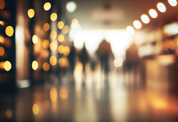 Luz cálida Desenfoque de fondo claro en la tienda en el centro comercial para el fondo de negocios Bokeh abstracto borroso en el pasillo interior Generativo ai