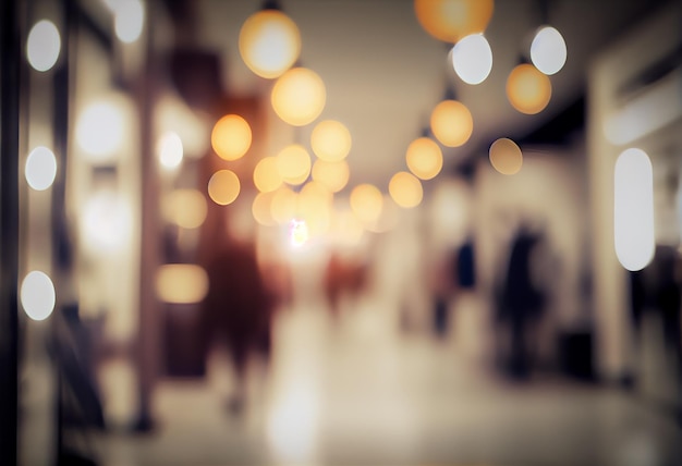 Luz cálida Desenfoque de fondo claro en la tienda en el centro comercial para el fondo de negocios Bokeh abstracto borroso en el pasillo interior Generativo ai