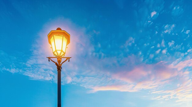 Una luz de la calle está iluminada contra un cielo azul