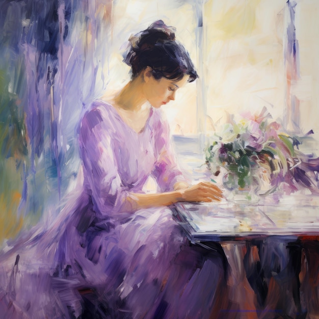 Luz cativante Uma delicada pintura impressionista de uma menina de roxo