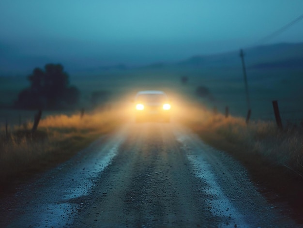 luz de coche viajando en la carretera de la noche brumosa