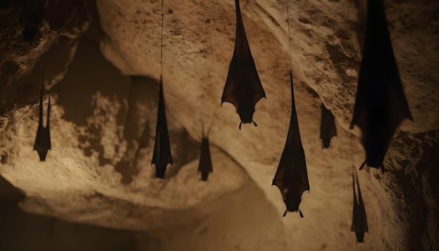 Foto una luz colgante cuelga de una cueva con un murciélago negro colgado de ella