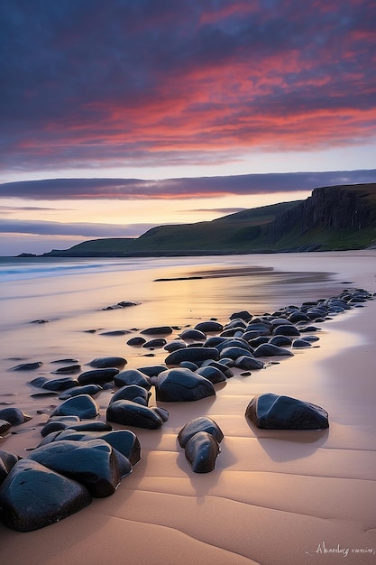 Luz del crepúsculo sobre la playa aislada de la bahía de Sandwood Sutherland Escocia
