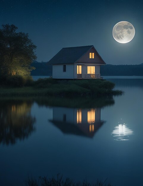 Luz da lua refletindo na água do lago e uma pequena casa nebulosa no lago