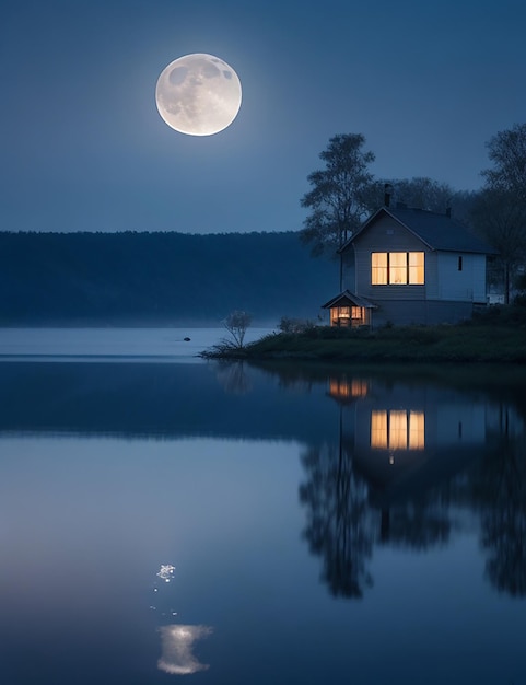 Luz da lua refletindo na água do lago e uma pequena casa nebulosa no lago