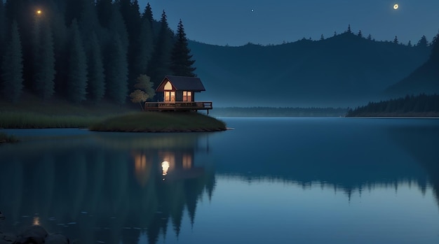 Luz da lua refletindo na água do lago e uma pequena casa nebulosa no lago