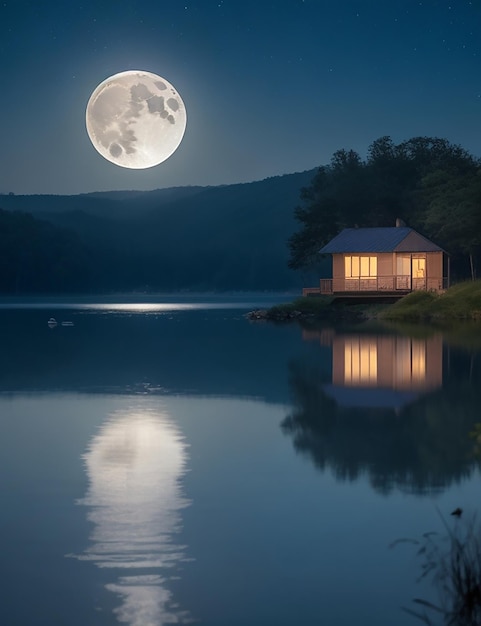 Luz da lua refletindo na água do lago e uma pequena casa nebulosa no lago