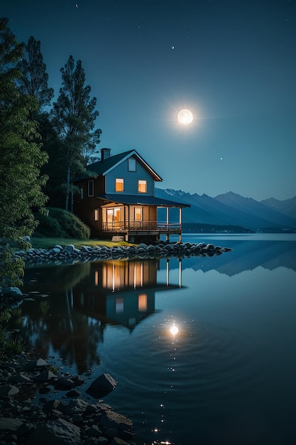 Luz da lua refletindo na água do lago e uma pequena casa nebulosa no lago