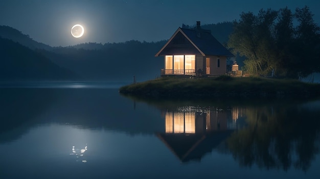 Luz da lua refletindo na água do lago e uma pequena casa nebulosa no lago