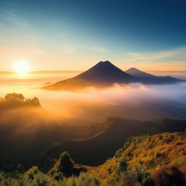 Luz da manhã na paisagem montanhosa da ilha do vulcão Ilustração AI GenerativexA