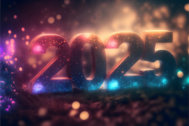 Luz de bokeh de fundo de ano novo e as letras 2025 papel de parede arte gerada pela rede neural