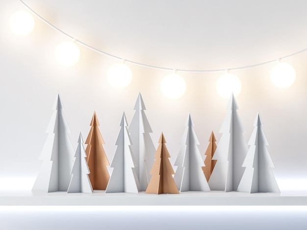 Luz de guirlanda de floresta de árvore de Natal de papel branco e dourado, fundo de cartão de saudação, renderização em 3d