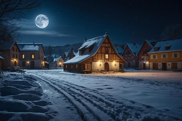 Luz de lua numa praça de aldeia coberta de neve