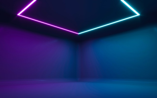 Luz De Néon Abstrata Na Sala Vazia. Renderização 3d