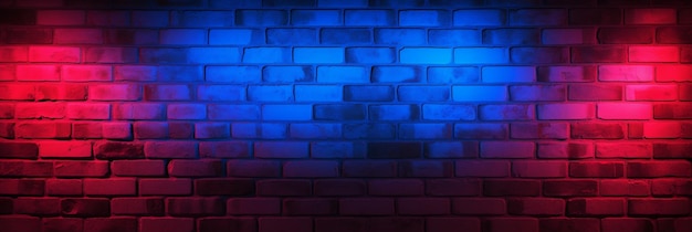 Luz de néon em paredes de tijolos Efeito de iluminação de fundo de néon azul e vermelho