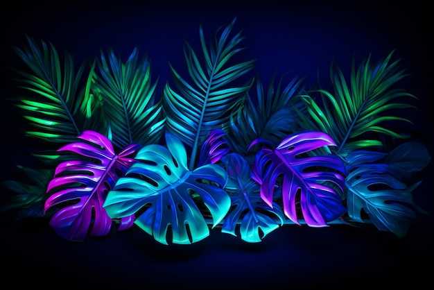 Foto luz de néon verde e azul com folhas tropicais
