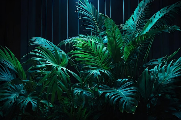 Luz de néon verde e azul com folhas tropicais