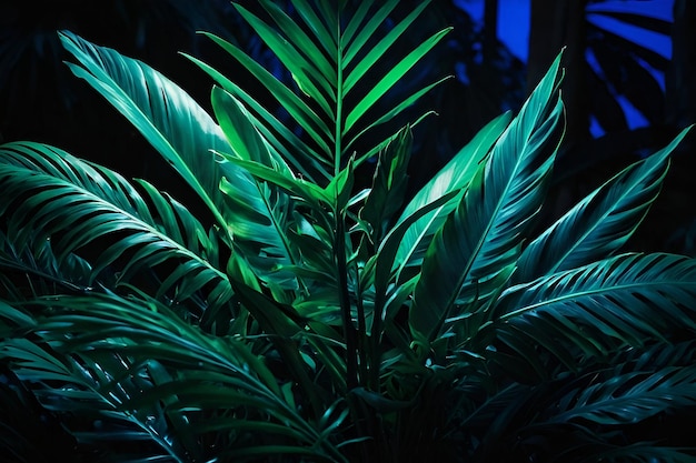 Luz de néon verde e azul com folhas tropicais