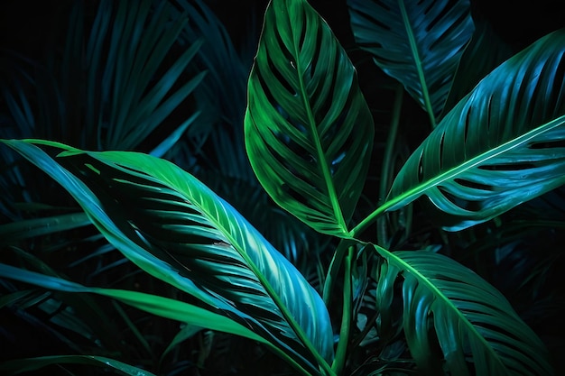 Luz de néon verde e azul com folhas tropicais